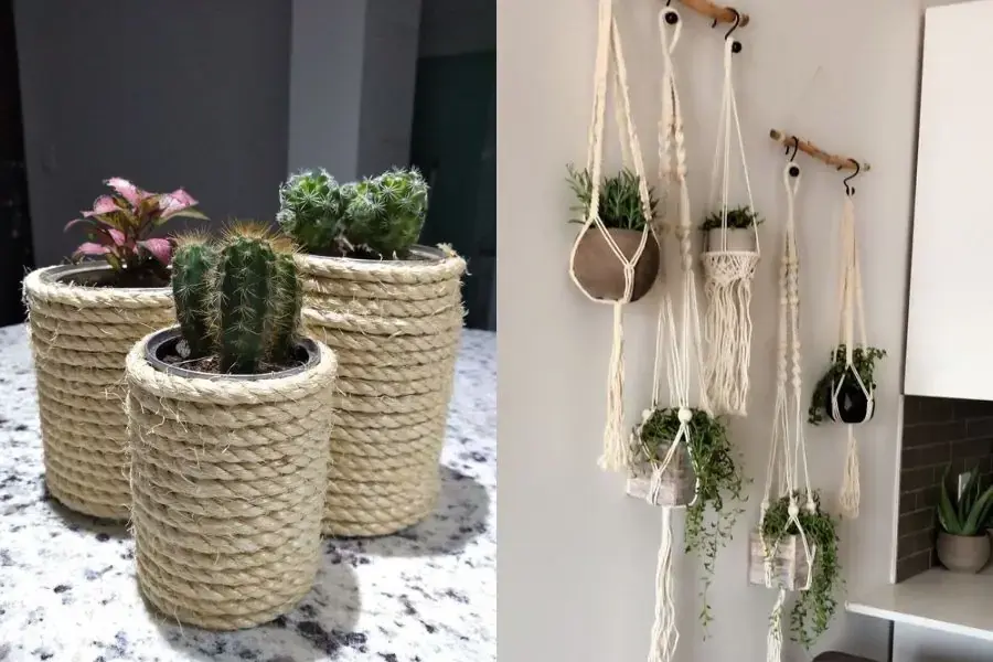 Mẫu chậu hoa trang trí bằng dây thừng.