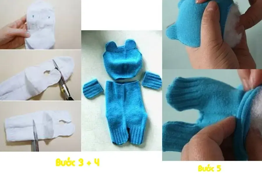 Cắt các bộ phận của con gấu ra rồi khâu, nhồi bông tạo hình.