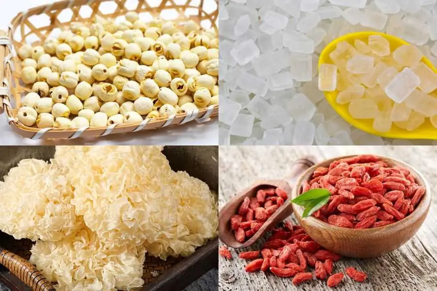 Chè hạt sen cùng với nấm tuyết có nhiều nguyên liệu tốt cho sức khỏe.