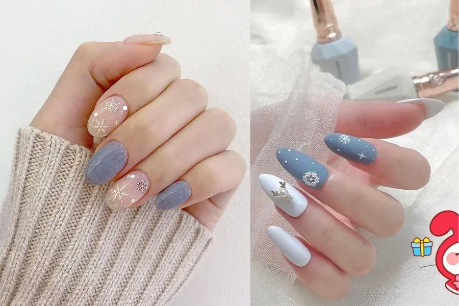 Màu xanh xám kết hợp với trắng sữa cho ra thành phẩm nail cực xinh.