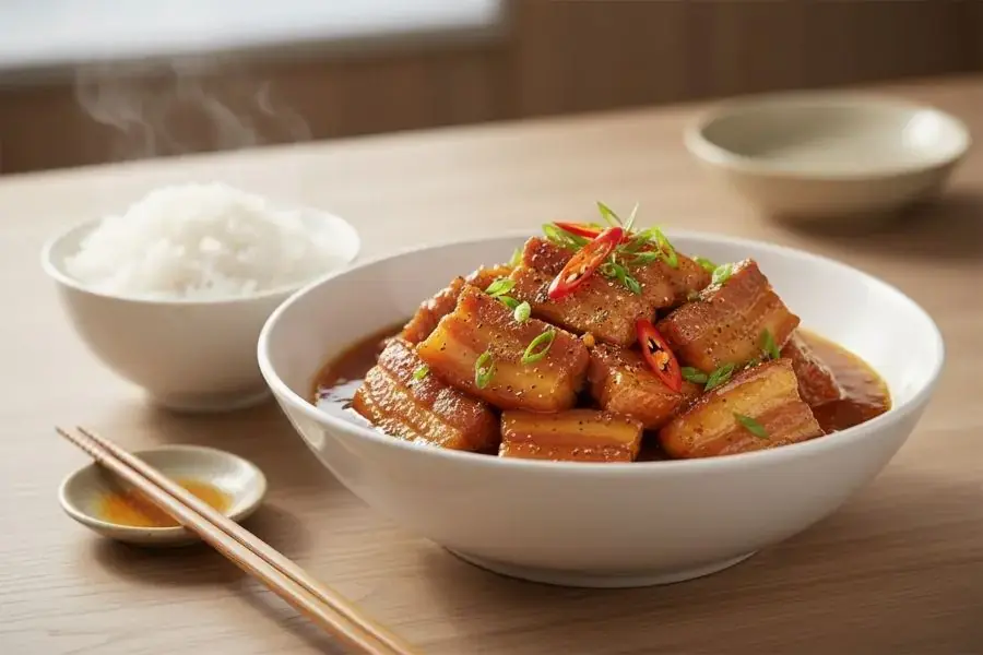 Nồi thịt kho tàu (kho hột vịt) nước dừa đỏ au.