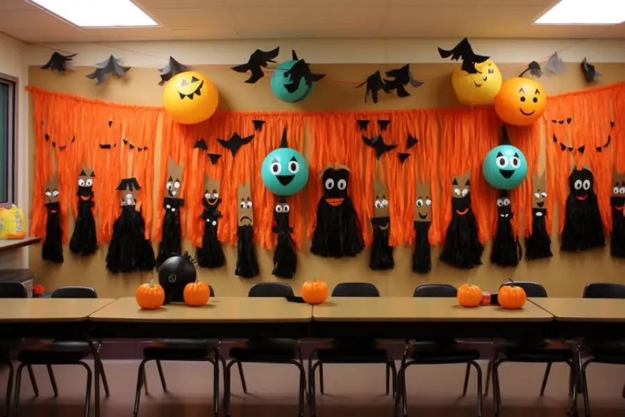 Decor Halloween trên góc tường lớp mầm non.