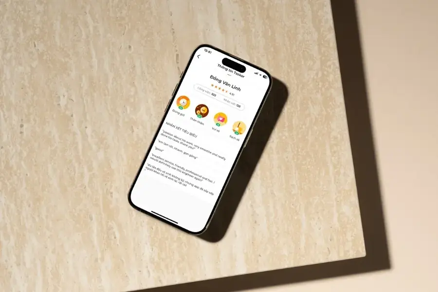 Thông tin tasker cùng những nhận xét được hiển thị trên app khi bạn đặt lịch.