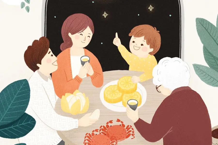 Mâm cỗ Trung thu gồm bánh Trung thu, lồng đèn Trung thu, mâm ngũ quả.