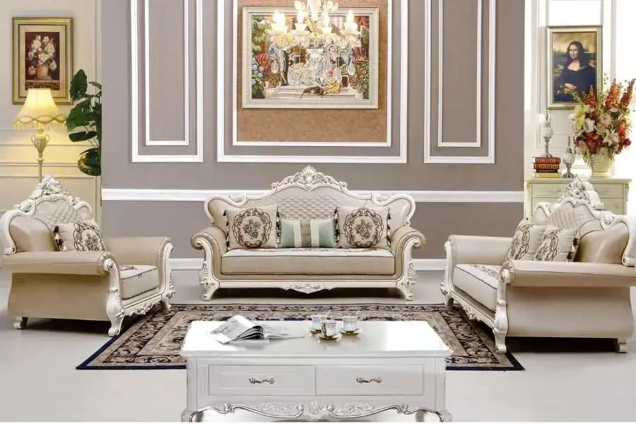 Sofa tân cổ điển thường được làm từ chất liệu da hoặc gỗ cao cấp