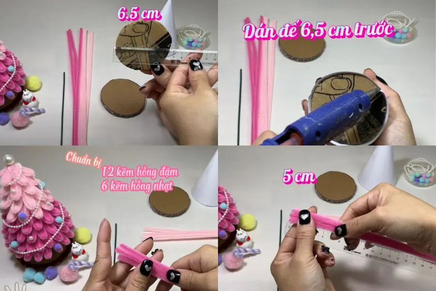 Chuẩn bị kẽm nhung 2 màu hồng đậm và nhạt.