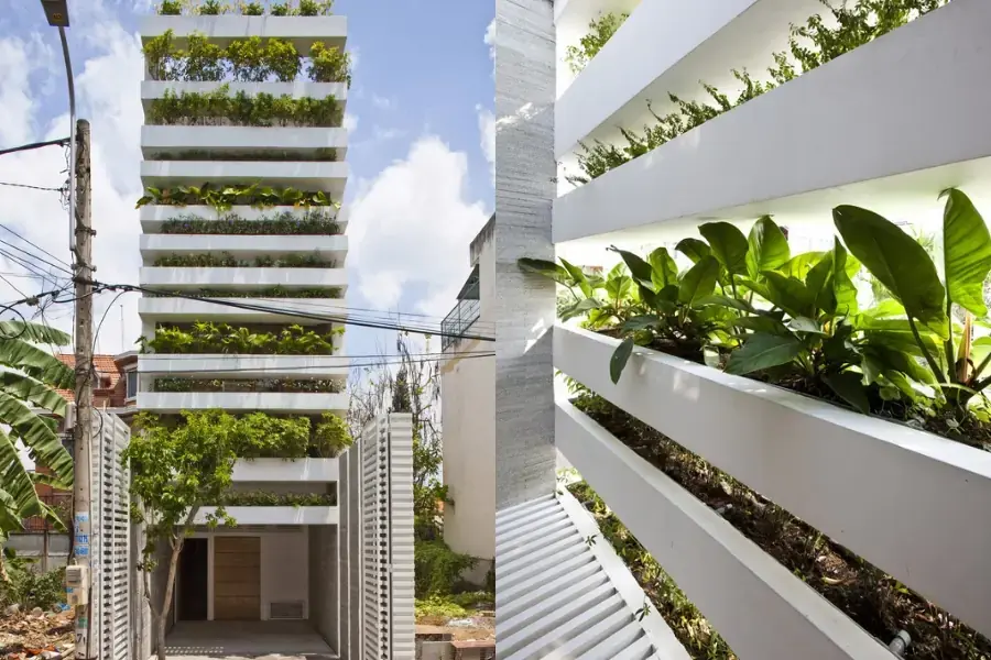 Thiết kế nhà ở Stacking green với hệ thống giàn cây phủ xanh mặt tiền