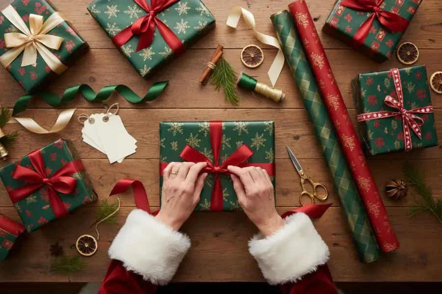 Bà Noel đang chăm chút cho từng hộp quà để ông già Noel đem đi phát.