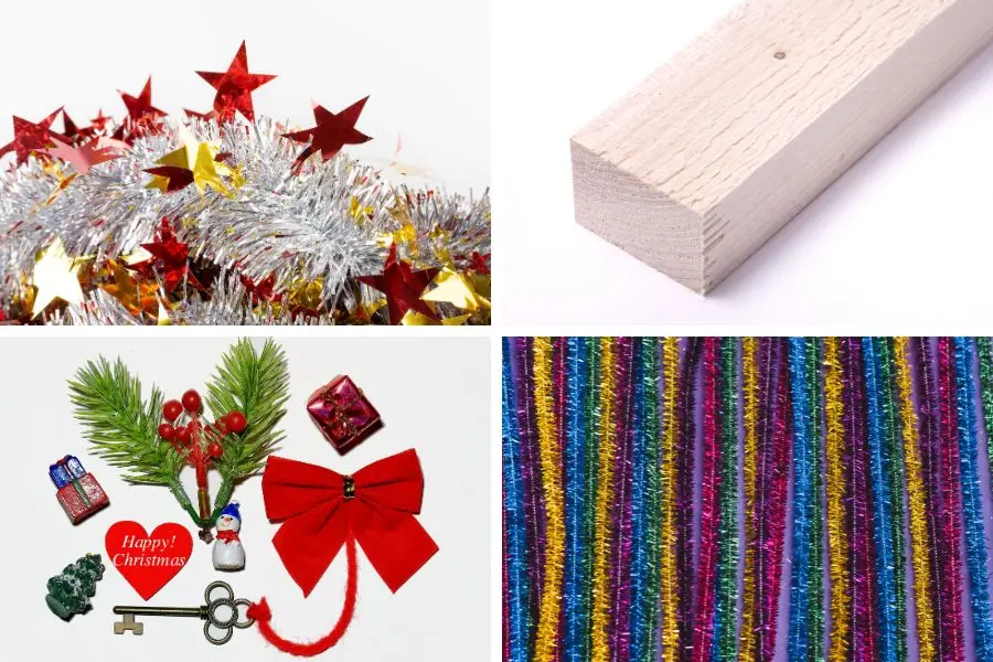 Dụng cụ và nguyên liệu làm cây thông Noel bằng dây kim tuyến và sợi cứng.