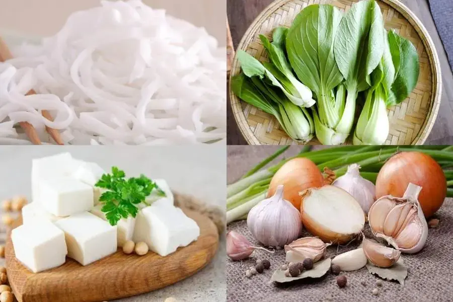 Một số nguyên liệu làm món phở xào đậu hũ và rau củ chay