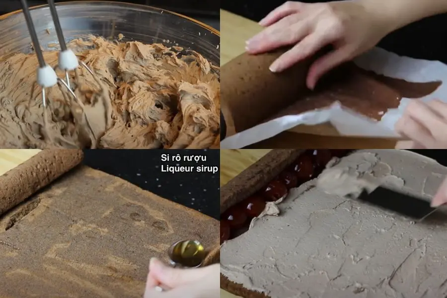 Phết kem socola lên mặt bánh.