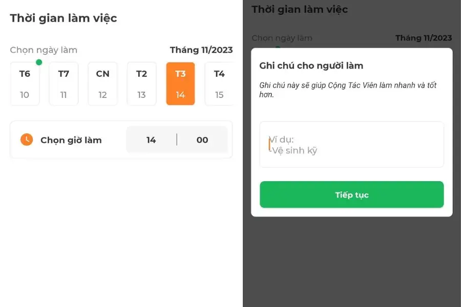 Chọn thời gian làm việc phù hợp, sau đó nhấn Tiếp theo.