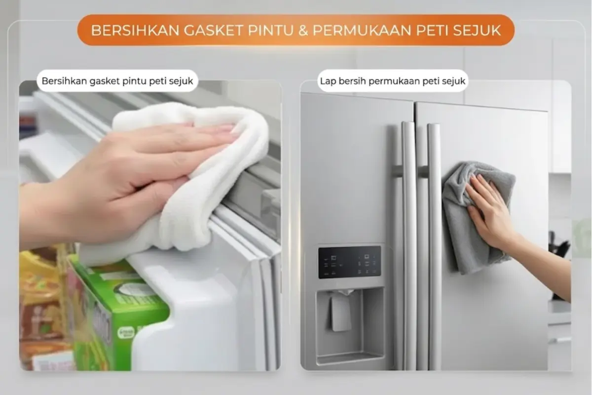 Bersihkan getah pintu peti sejuk dan lap keseluruhan permukaan peti sejuk.