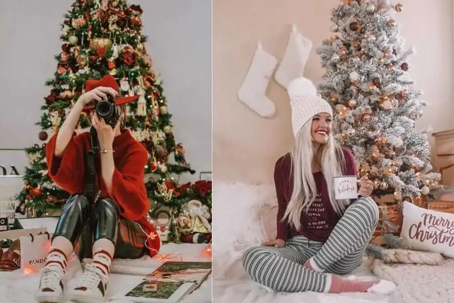 Bạn có thể ngồi chéo mặt hoặc quay lưng lại với cây thông Noel.
