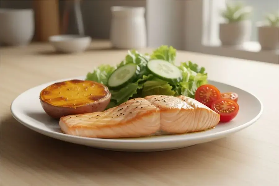 Cá hồi nướng kèm salad, bữa tối giàu Omega-3.