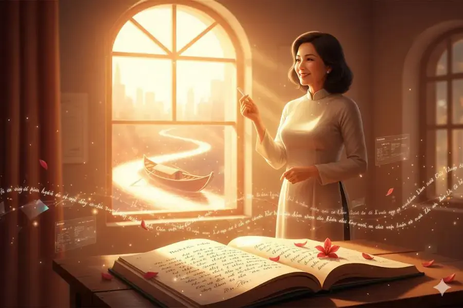 Con lại về thăm mái trường xưa/ Tìm cô trong nắng, đợi trong mưa.
