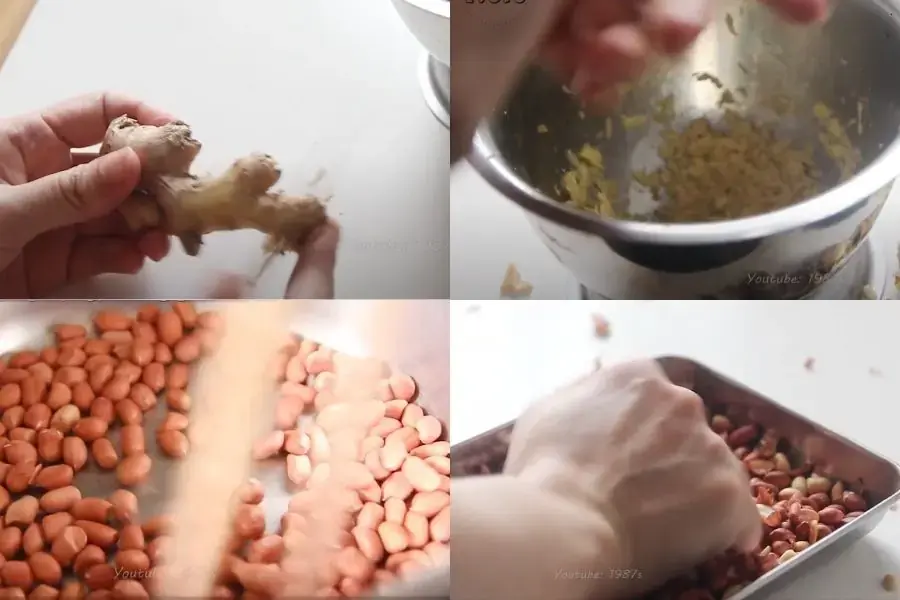 Công đoạn sơ chế gừng, lạc chuẩn bị cho món chè lam
