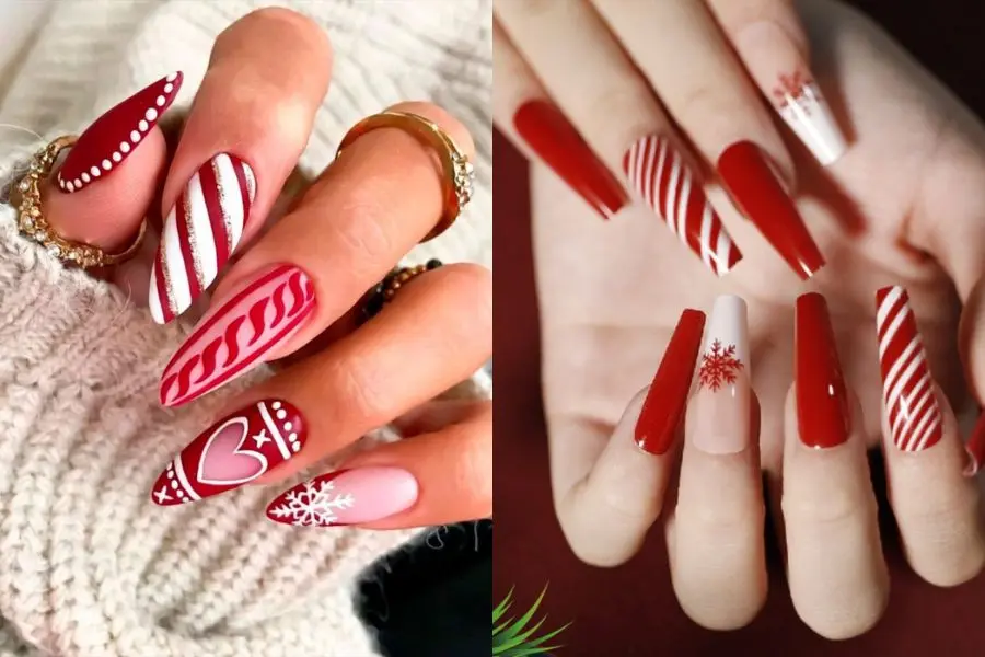 Tone màu đỏ chủ đạo nổi bật trong bộ nail kẹo gậy.