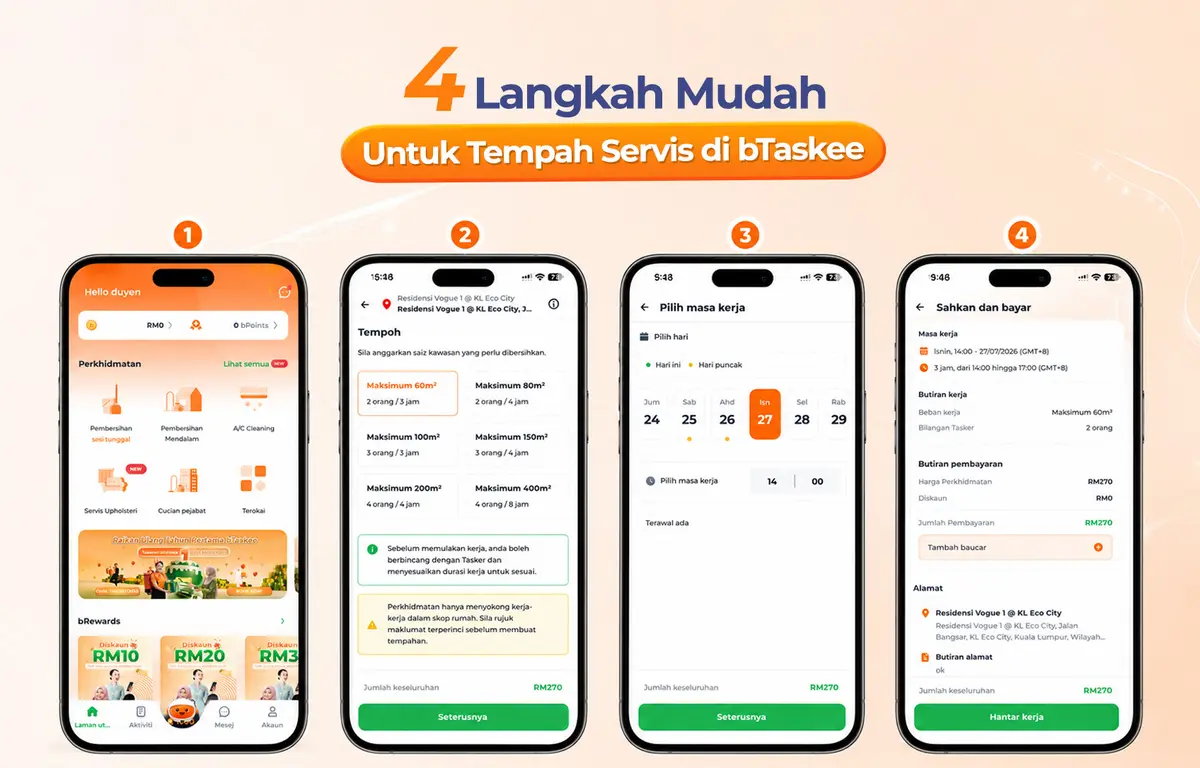 Langkah-langkah untuk menempah kemas rumah service di Selangor pada aplikasi bTaskee