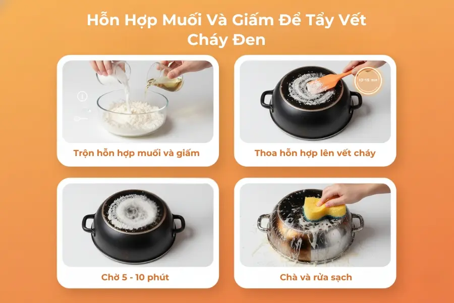 Sử dụng hỗn hợp muối và giấm để tẩy vết cháy đen.