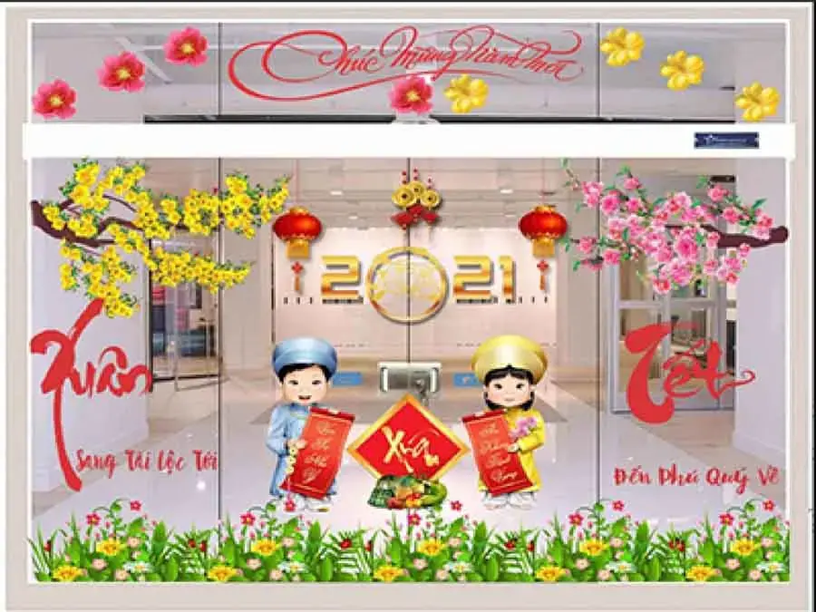 Dán decal Tết là cách trang trí Tết văn phòng đơn giản nhất.