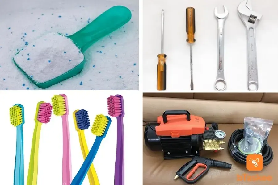 Một số dụng cụ hóa chất vệ sinh máy giặt cửa trên