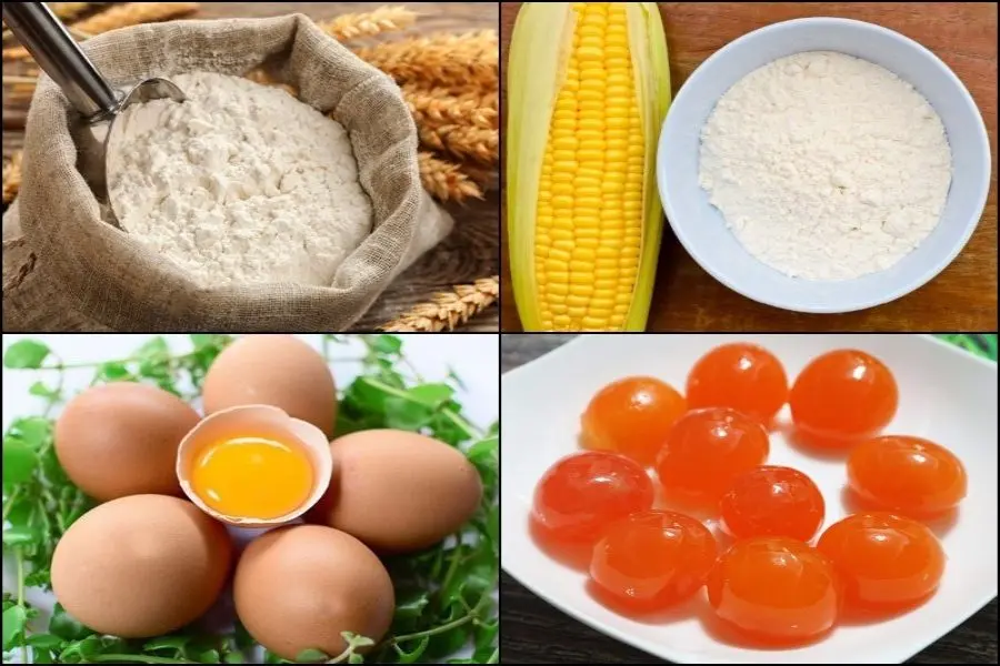 Nguyên liệu cách làm bánh bông lan trứng muối: trứng muối, bắp, trứng gà, bột mì,...