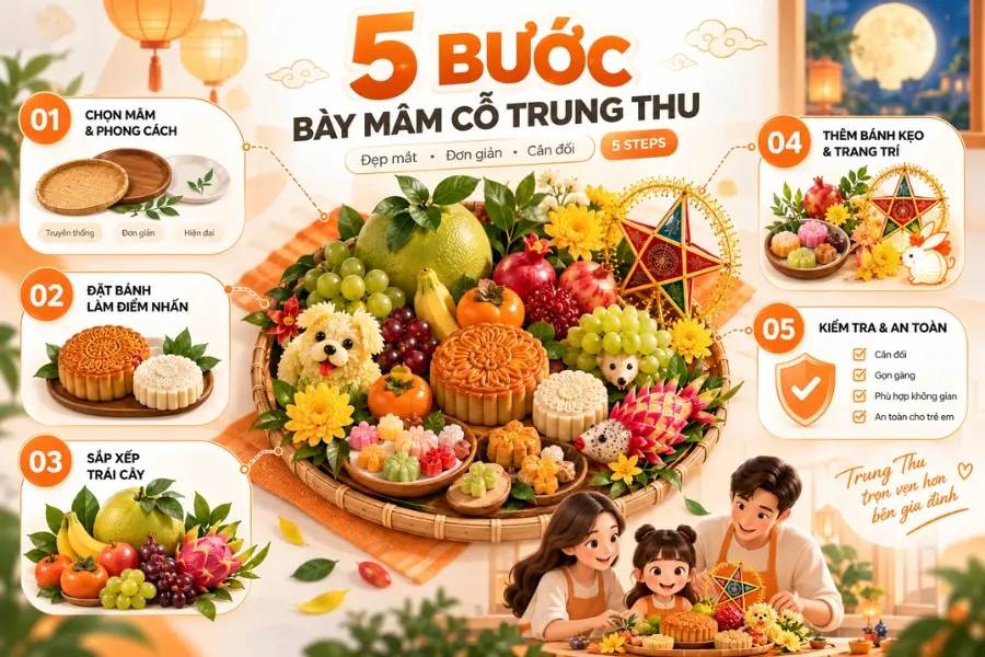 5 bước bày mâm cỗ Trung Thu đẹp mắt, cân đối và phù hợp với không gian gia đình.