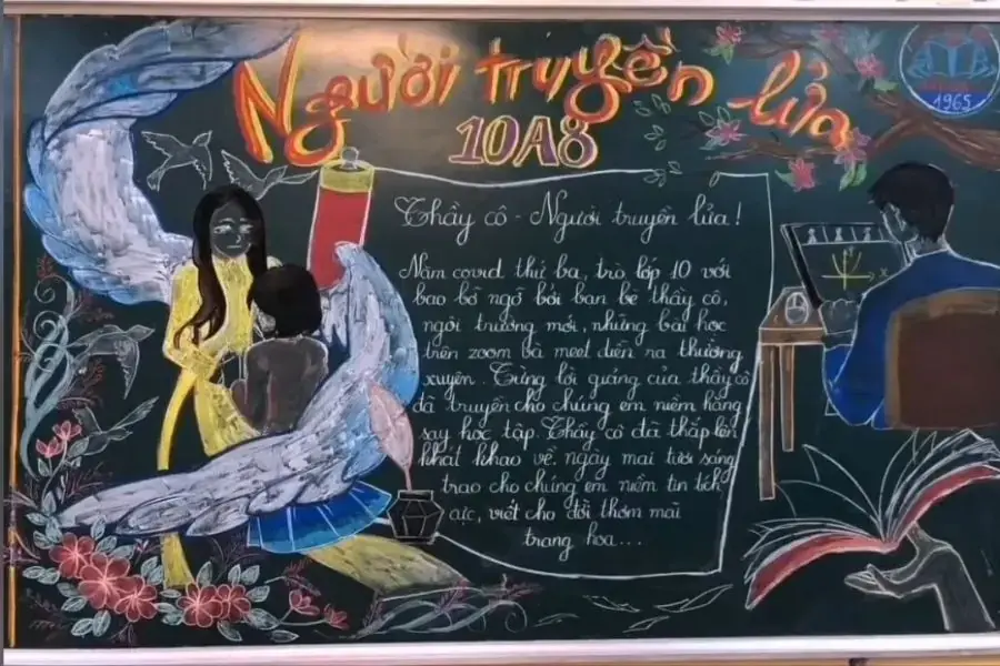 Mẫu trang trí bảng 20 tháng 11 chủ đề “Người truyền lửa”.