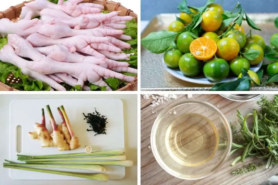 Các nguyên liệu cần có để làm chân gà ngâm sả tắc.