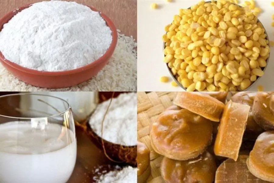 Nguyên liệu làm bánh trôi nước: đậu xanh bỏ vỏ, bột gạo nếp, nước cốt dừa, đường thốt nốt,..