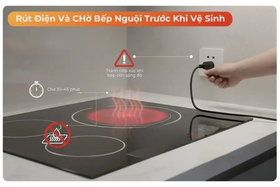 Rút điện và chờ bếp nguội hoàn toàn trước khi vệ sinh tránh nứt mặt kính.