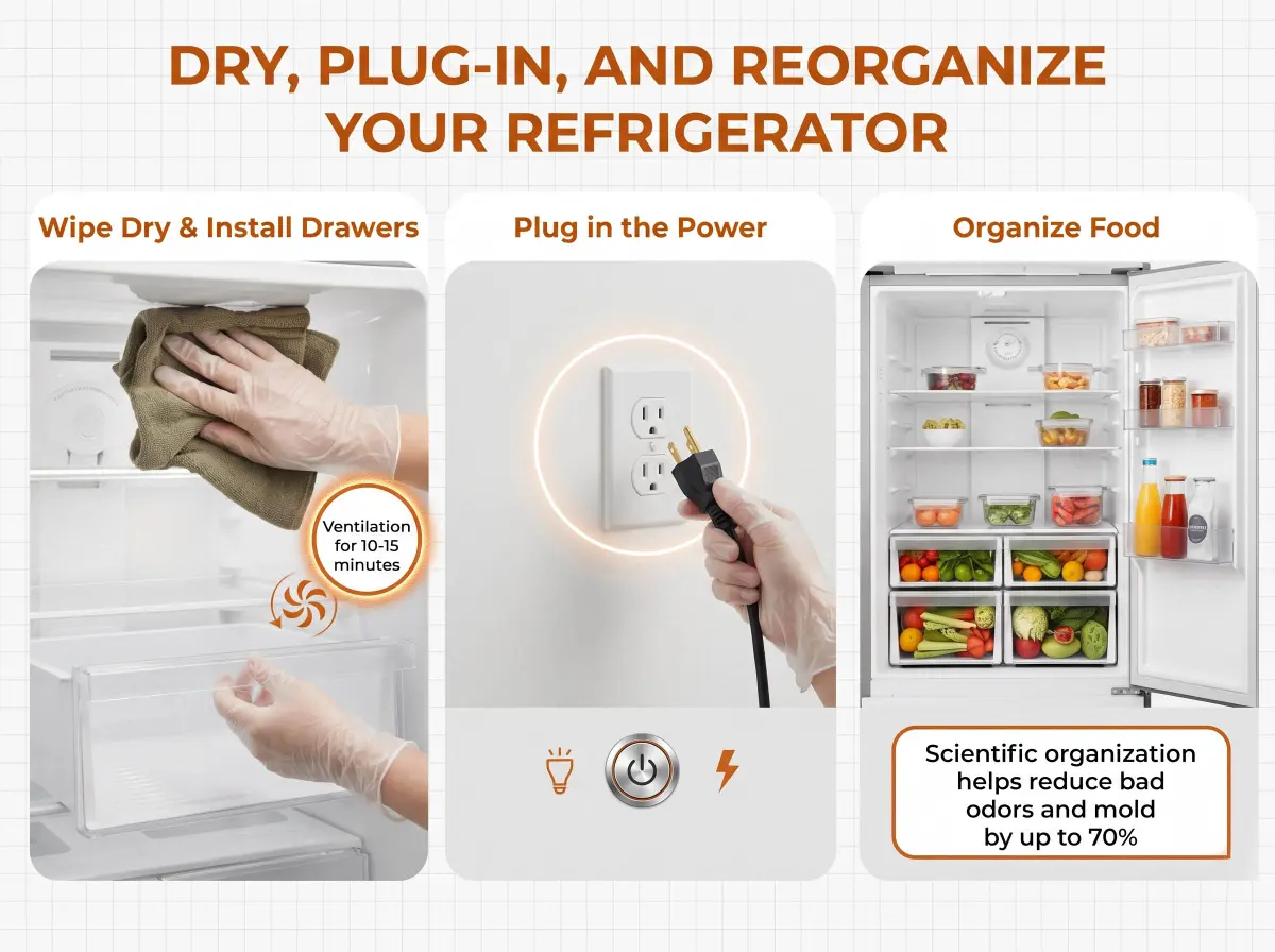 Wipe dry, plug in the power, organize food and complete the cleaning process