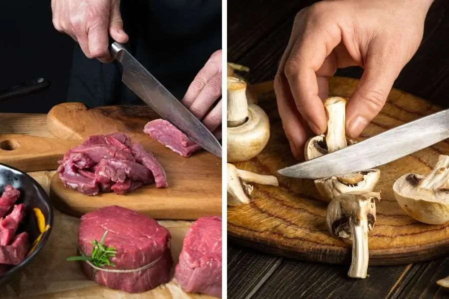 Sơ chế thịt bò, nấm để nấu canh.