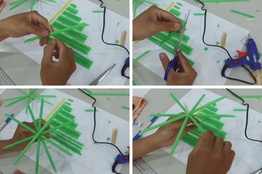 Dùng tăm nhọn xiên vào tâm và lần lượt gắn các ống hút chồng lên nhau.