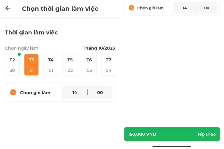 Chọn thời gian làm việc phù hợp, sau đó nhấn Tiếp theo.