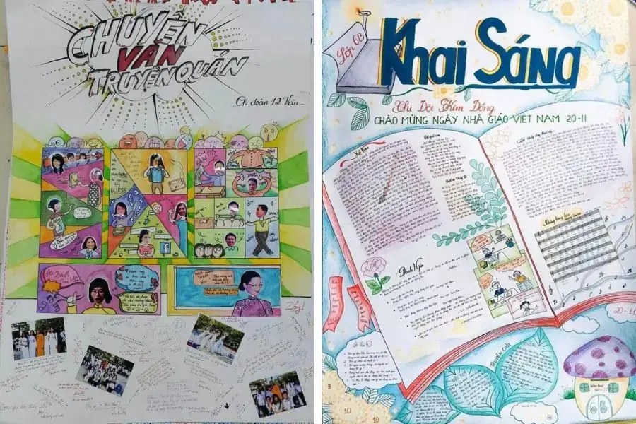 Mẫu báo tường 20 11 hình vẽ chibi hiện đại của tập thể Chi đoàn 12 Văn (trái) và tác phẩm với chủ đề “Khai sáng” được vẽ bằng bút chì màu của lớp 6B (phải).