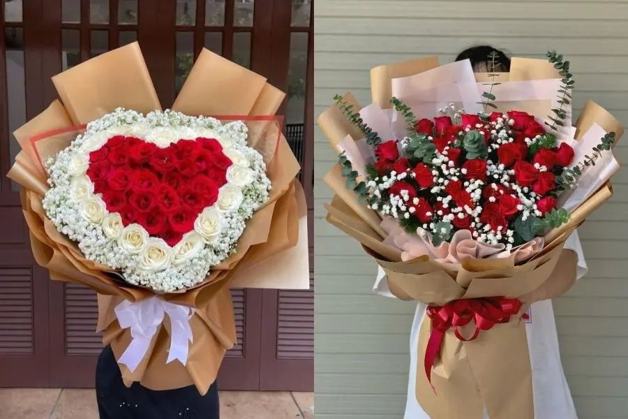Mẫu bó hoa hồng phối hoa baby thể hiện tình yêu nồng nhiệt và dịu dàng