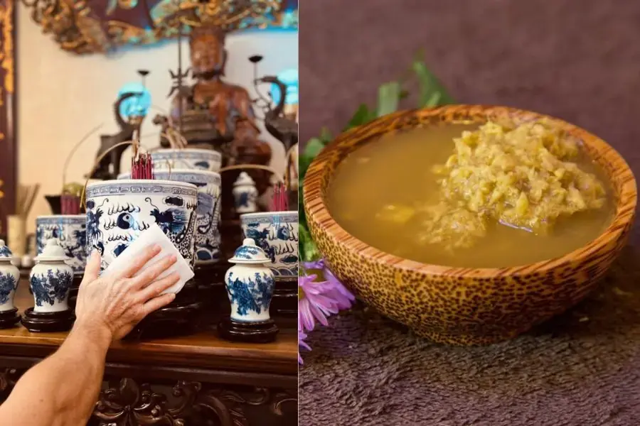Vệ sinh bàn thờ bằng nước gừng quế để thanh tẩy, trừ tà