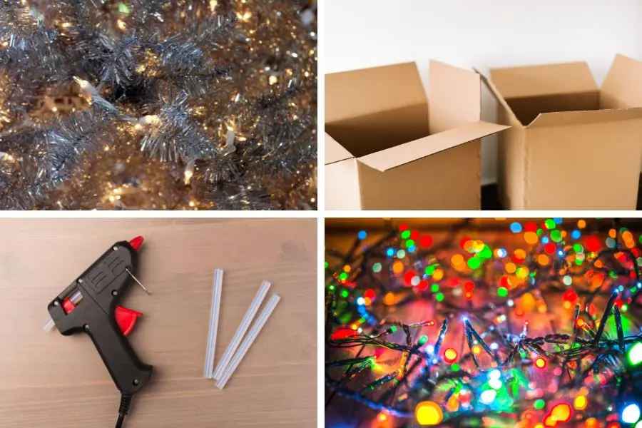 Những dụng cụ cần chuẩn bị để làm cây thông noel bằng dây đuôi chồn (kim tuyến).