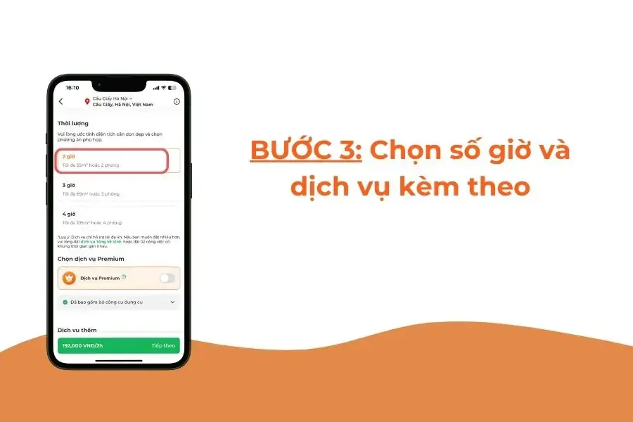 Chọn số giờ và dịch vụ kèm theo.