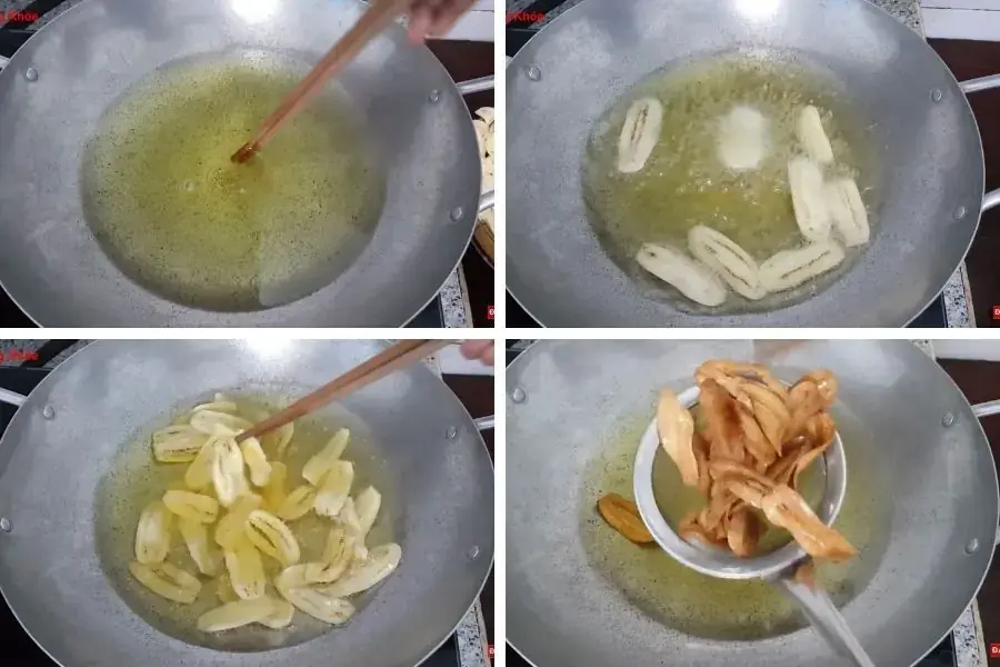 Chiên chuối cho vàng đều 2 mặt