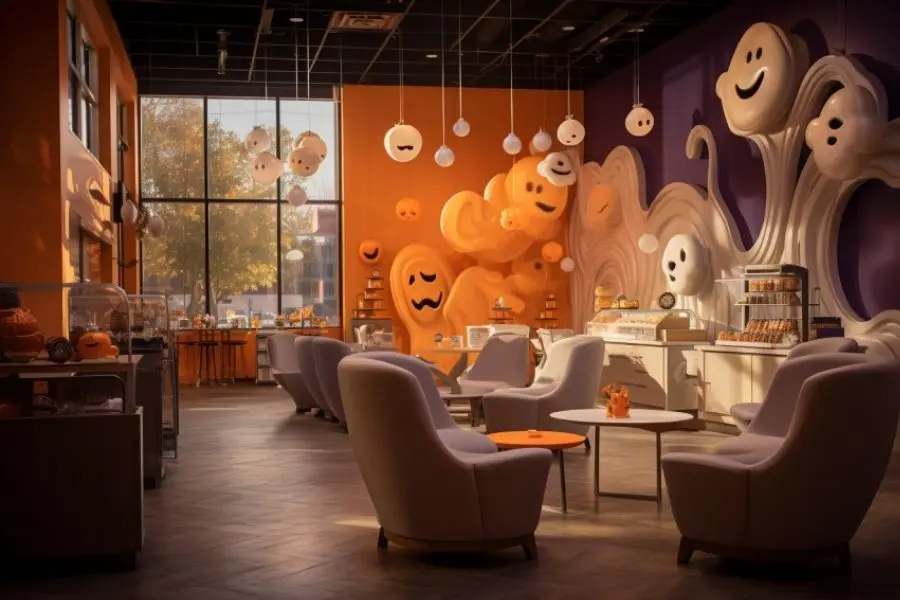 Mẫu trang trí Halloween cho quán cafe ma quái nhưng không kém phần dễ thương.