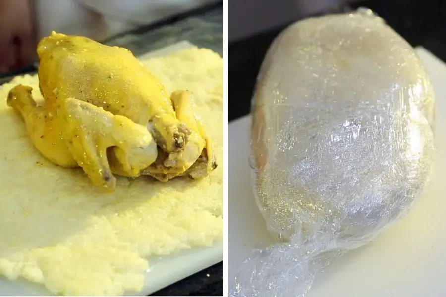 Bó gà bằng màng bọc thực phẩm thành khối rồi bóc ra đem đi chiên