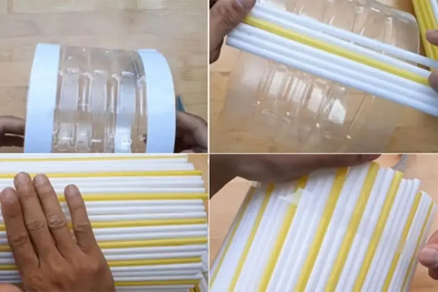Cắt trai nước và cố định ống hút lên chai nước