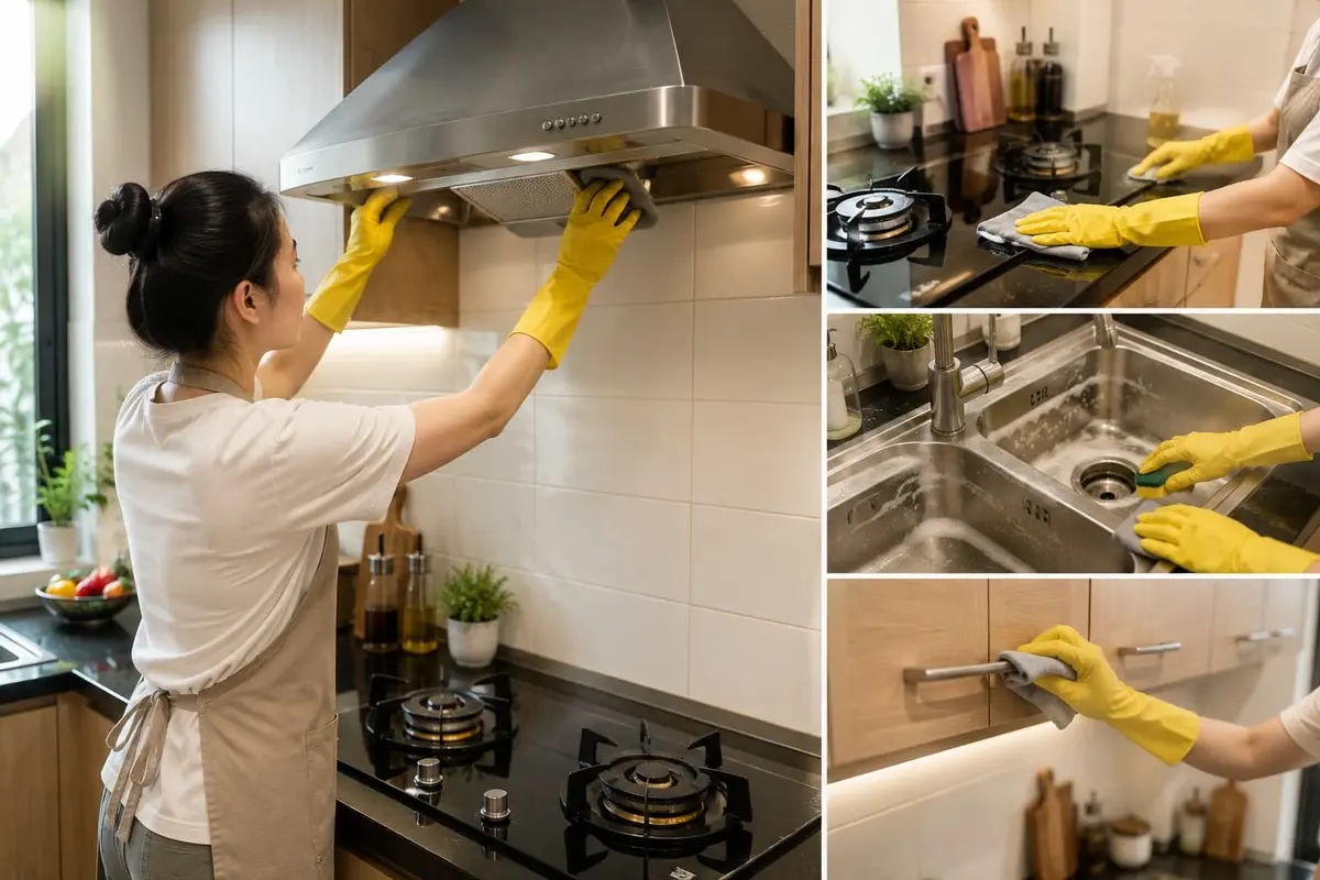 Khu bếp trước Trung thu nên được làm sạch từ mặt bếp, bồn rửa, tủ bếp đến máy hút mùi để loại bỏ dầu mỡ và bụi bẩn tích tụ sau thời gian sử dụng.