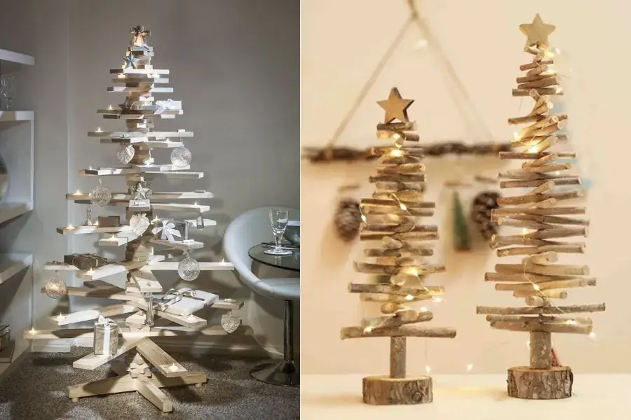 Làm cây thông Noel từ cây khô đã được mài mịn và cắt khúc chữ nhật.
