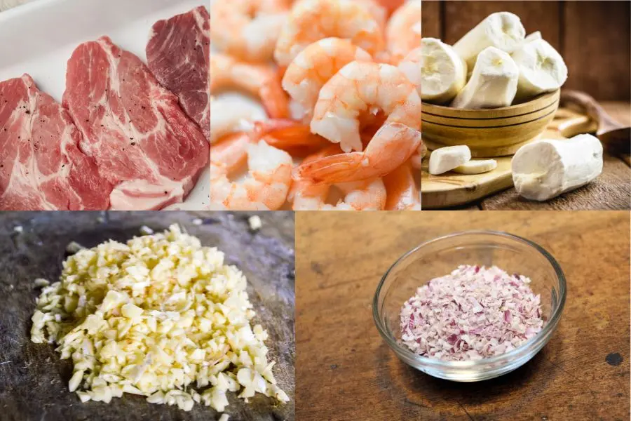 Nguyên liệu làm nhân bánh đúc mặn nam bộ gồm 200g thịt nạc vai lợn, 200g tôm tươi, vv…