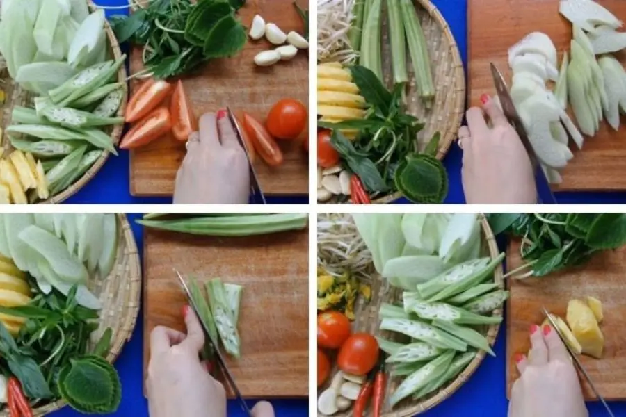 Sơ chế các nguyên liệu để làm món canh ngày Tết - canh chua đầu cá hồi.