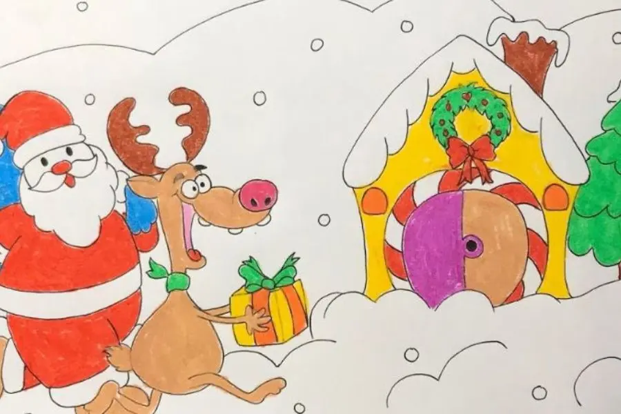 Dùng màu sáp để tô vật thể cho bức tranh Noel.